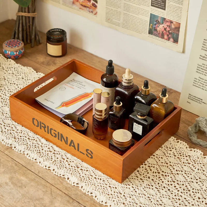 Zakka groceries, solid wood, English alphabet tray, succulent jewelry, cosmetics storage box, log storage box