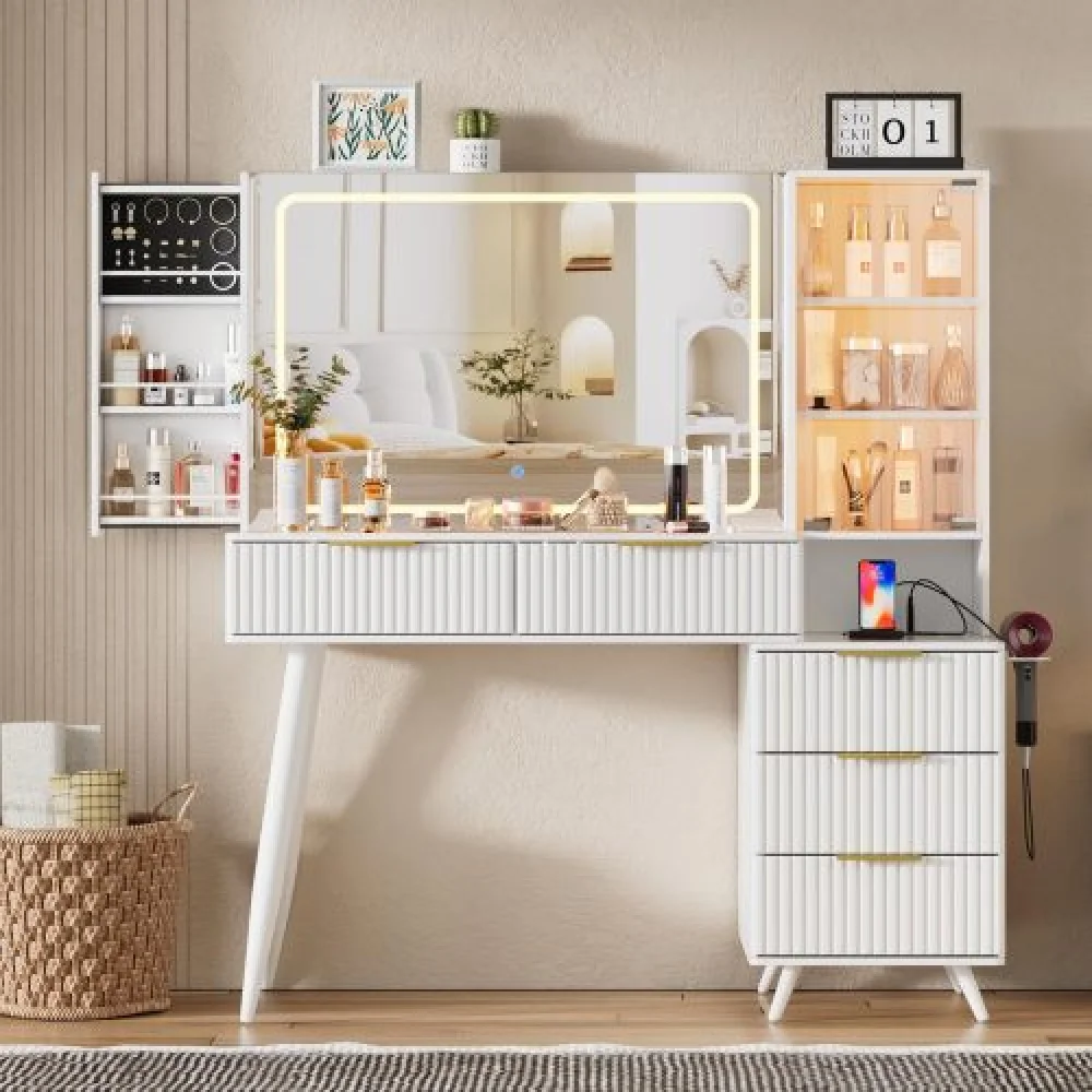 Makeup Vanity Desk with Mirror and Lights The fluted panel design, which is distinct and meticulously detailed