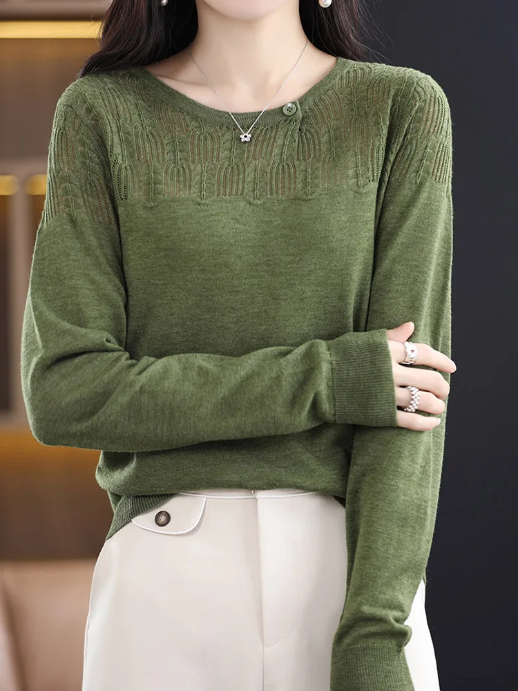 Luxury Spring Summer Women Knitted Pullover 30% Merino Worsted Wool Thin Sweater Outerwears Long Sleeve Hollow Out Clothing Tops