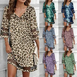 Patchwork Net Yarn Leopard Print Summer Women 2024 New Casual Loose Multicolor Comfortable Printing V-neck Lace Hollow Dress