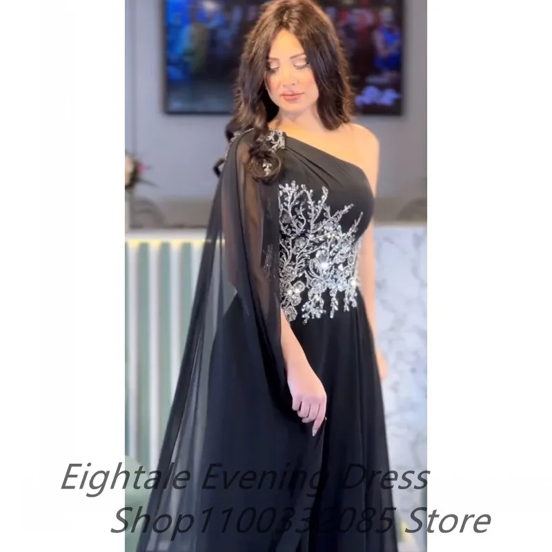 Eightale 2024 Black Chiffon Prom Dress One Shoulder Evening Dress Beaded Appliques Women Formal Party Gown Robes De Soirée