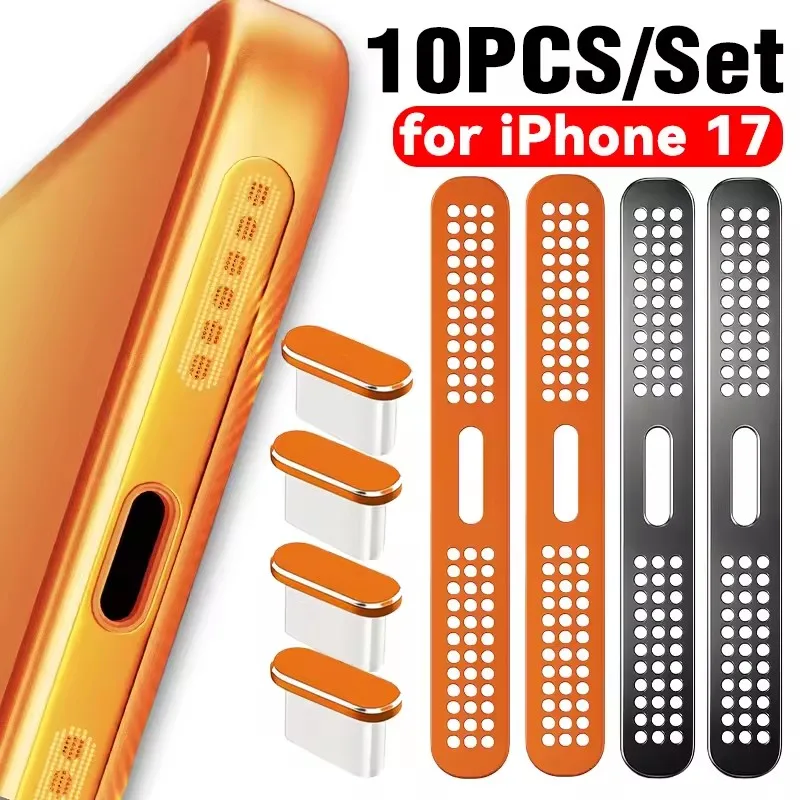 10Pcs Metall Staub Stecker Lade Port Protektoren Telefon Mesh Lautsprecher Abdeckung für IPhone 17/17 ProMax/17 pro/17 Luft Reinigung Kit