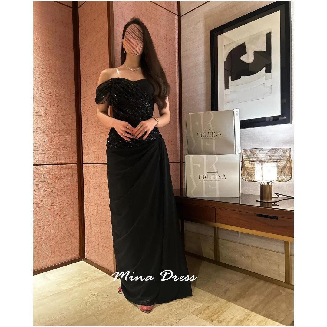 

Mina Customized Beads Prom Dress Sequins. Dropped Shoulders Luxury Women Evening Dress Black Chiffon Dresses for Special Events