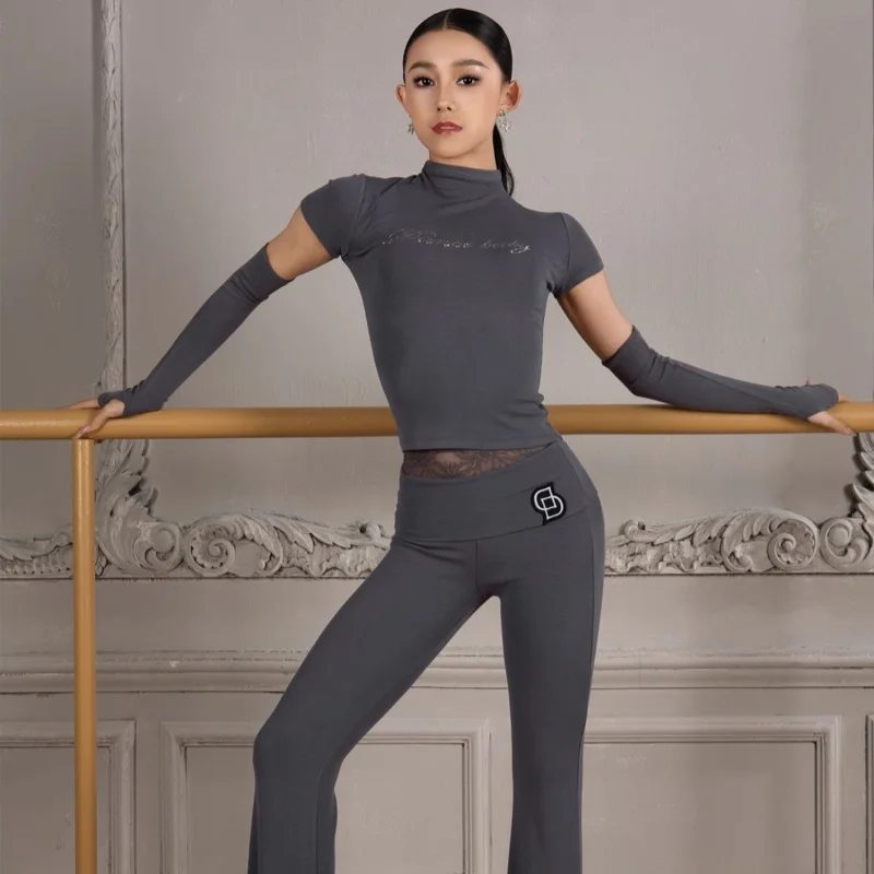 

Комплект костюмов для латинских танцев, женский утягивающий топ с короткими рукавами + сексуальные кружевные брюки, 2 предмета, тренировочный костюм для танго, чача, самбы