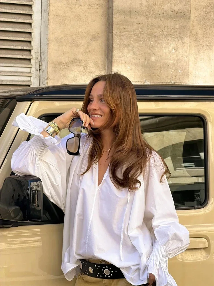 Women White V Neck Tie Front Lantern Sleeve Shirt Loose Fit Ruffle Cuff Blouse Chic Elegant Casual Streetwear Top view 6
