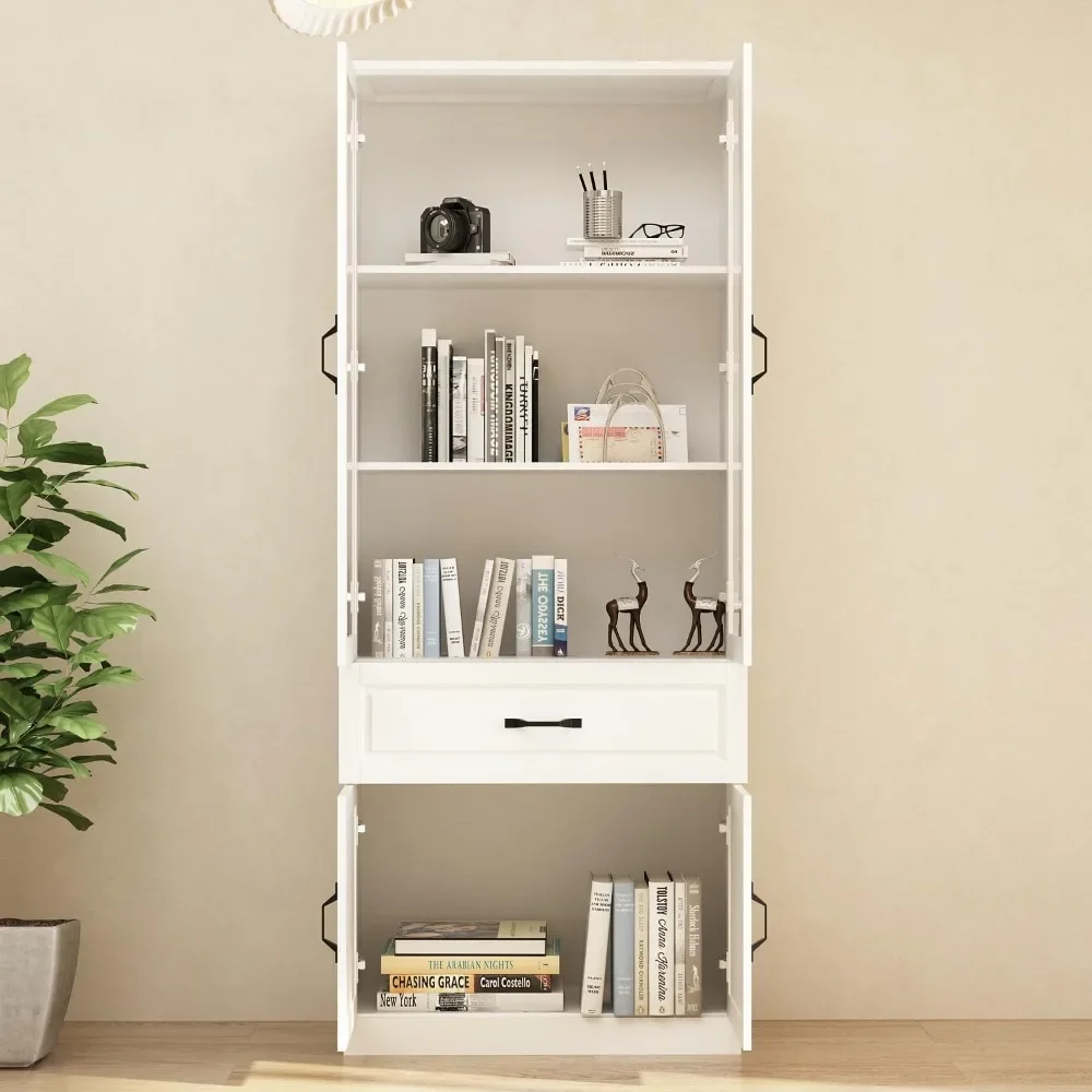 Bookcase Bookshelf with 3-Tier Shelves, Drawer & Glass Doors, Wooden Display Storage Cabinet for Home Office, Living Room