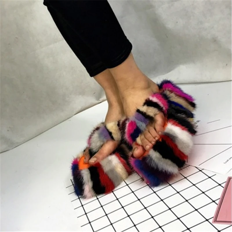 Colorful Mink Fur Women Slippers Thick Sole Platform Shoes Woman Outdoor Slides Leisure Flip Flops Summer Wedge Sandals Creepers