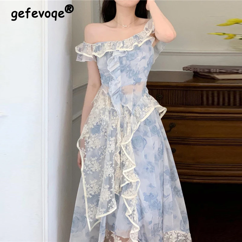 Women Ruffle Lace Patchwork Asymmetrical Y2K Fairy Party Dress Sexy Off Shoulder Sleeveless Print Sweet Chic Tops Two Piece Sets