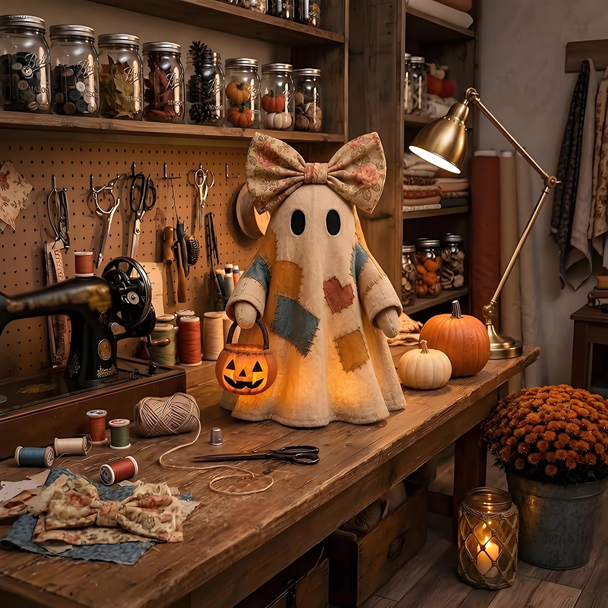 Patchwork Ghost Nook Light Fall Figurine Halloween Decor bookshelf lantern, ghost LED lamp,small table ornament for farmhouse