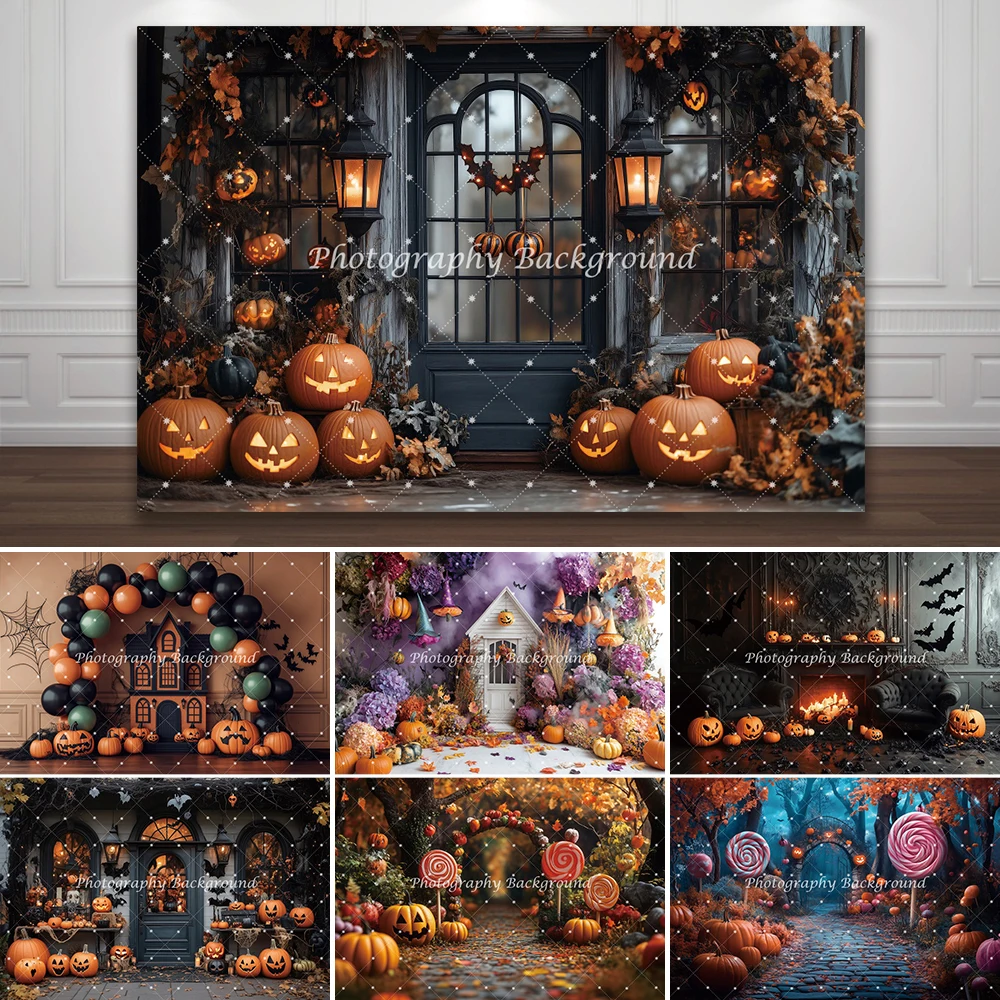 

Halloween Horror Castle Photography Background Balloon Candyland Pumpkin Kids Birthday Cake Crush Portrait Backdrop Halloween