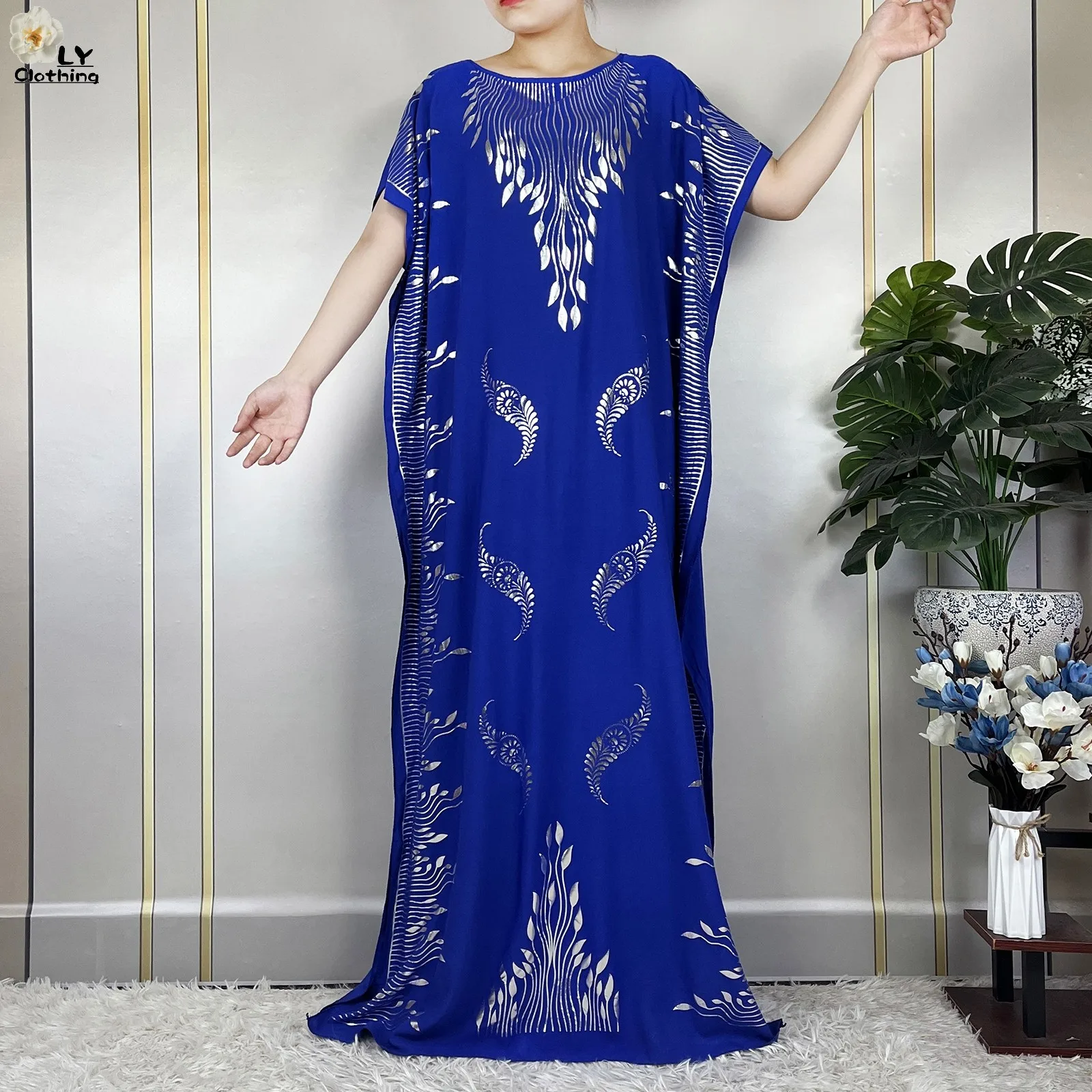 New African Summer Femme Short Sleeve Dress Cotton Gilding Dubai Kaftan Islam Women Dress With Big Scarf Loose Casual Clothes