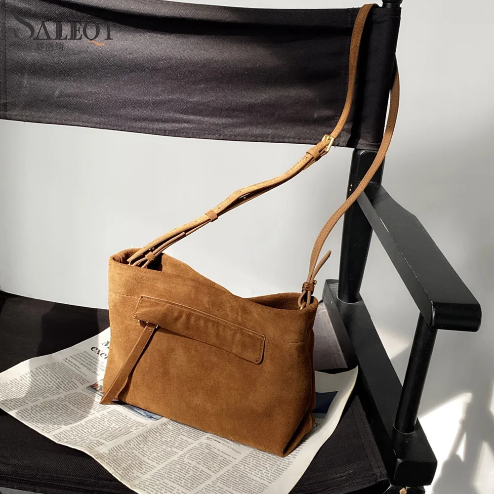 

Genuine Grade Suede Leather Female Shoulder Crossbody Brown Bag Luxury Designer Brand Women's Green Tote Ladies Bucket Bag Khaki