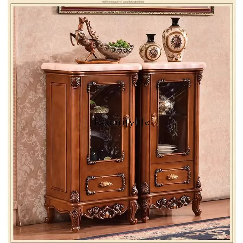 European-Style Solid Wood Small Wine Cabinet Living Room Glass Door Antique Carved American Marble Side Cabinet