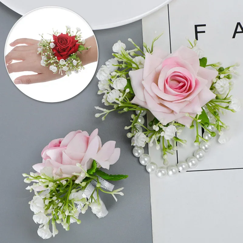 Seda rosa pulso corsage flor conjunto casamento nupcial pulso flor corsage mão flor baile de formatura cocktail festa corsage boutonniere