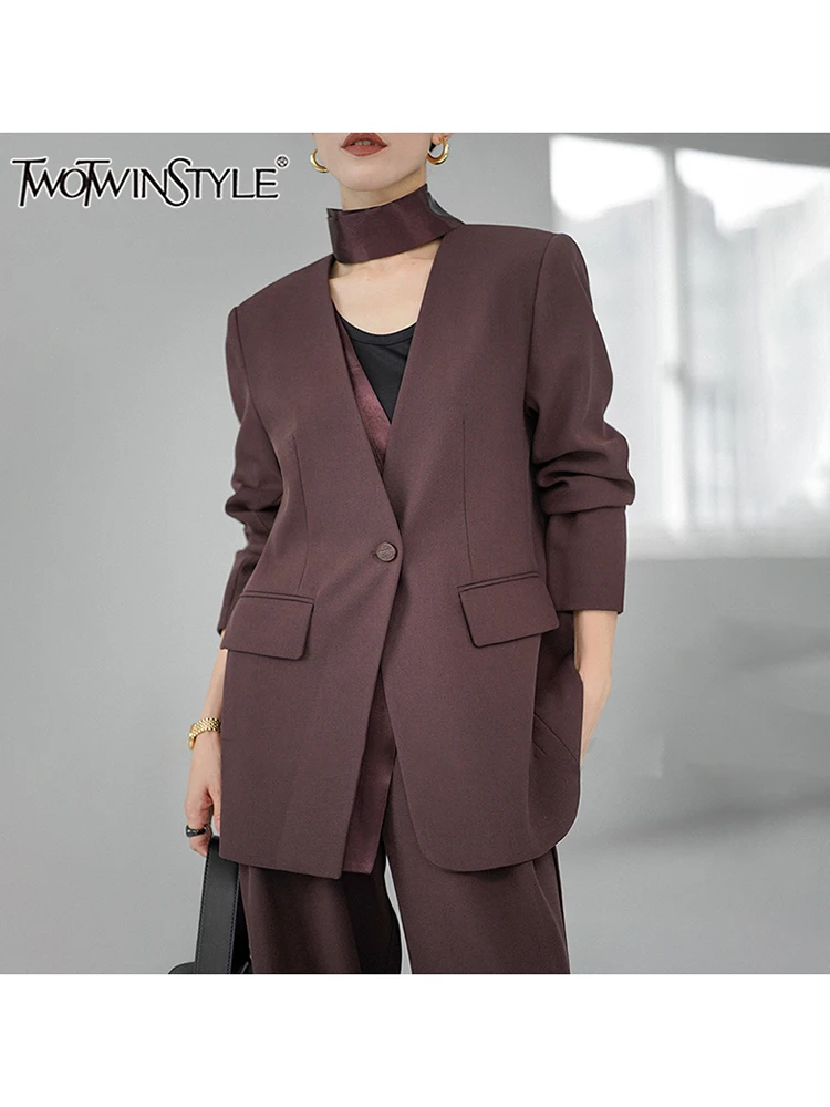 TWOTWINSTYLE Solidne patchworkowe kieszenie Luźna kurtka dla kobiet V Neck Długi rękaw Minimalistyczny temperament Płaszcz Odzież damska Nowy