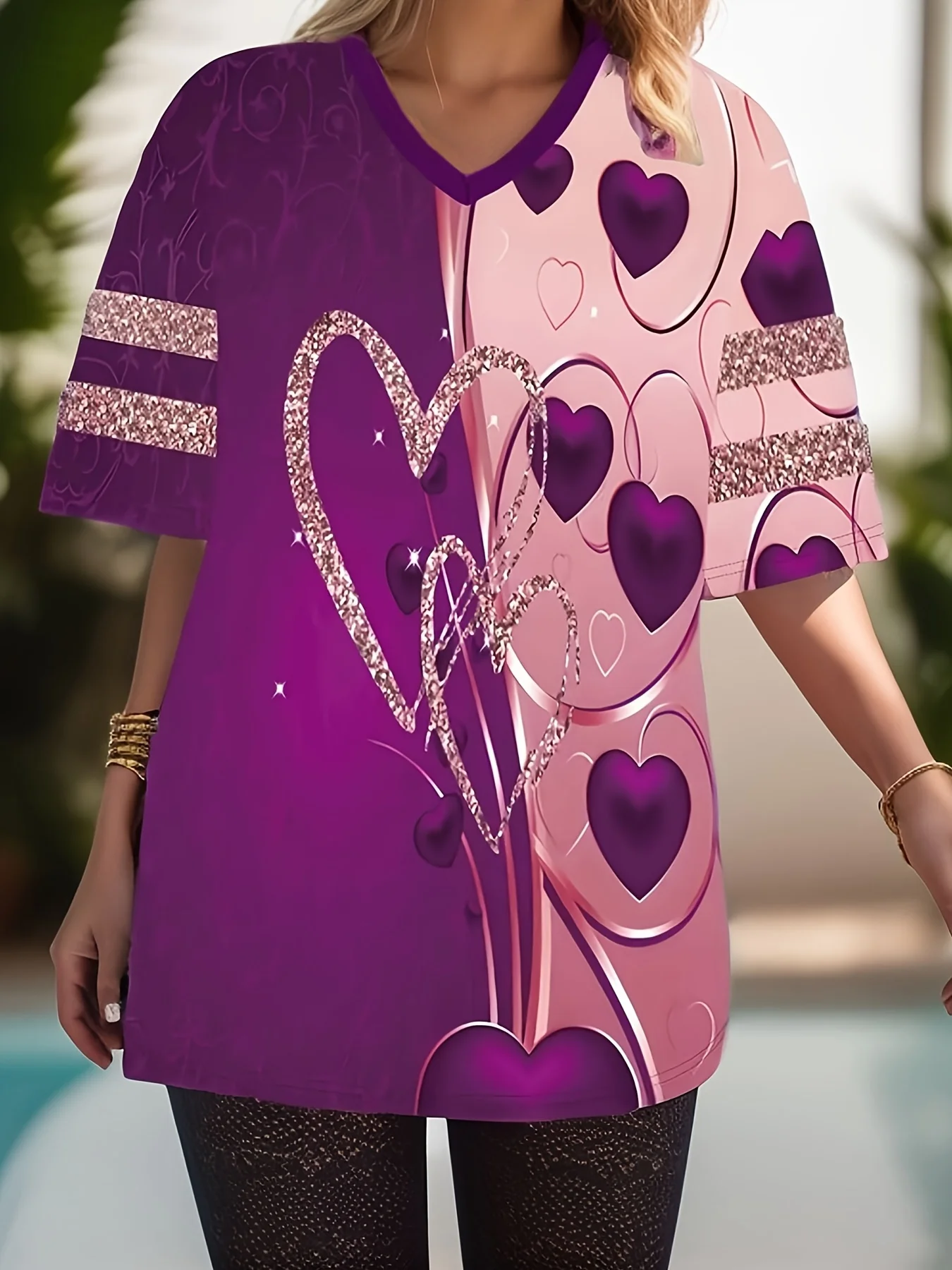 تي شيرت بطبعة قلب مقاس كبير، تي شيرت كاجوال للربيع والصيف برقبة على شكل حرف V وأكمام قصيرة، ملابس بمقاسات كبيرة #1