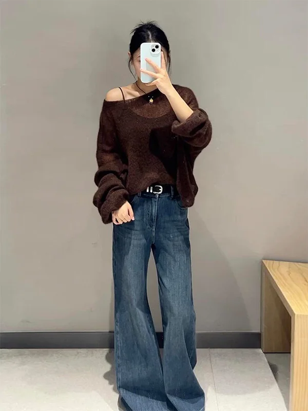 Browan Loose Knitted Long Sleeve Shirt Transparent Micro Breathable Vintage Style Women's Softwear Fall Season Casual Slimming