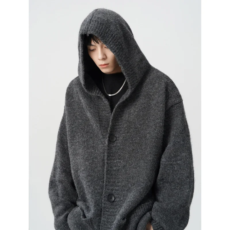 الربيع والخريف رمادي عارضة سترة مشغولة من الصوف مقنعين سترة جيب الكورية الأزياء سترة Y2K ملابس رجالية #3