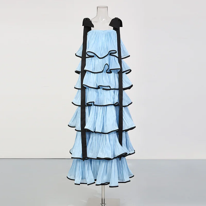 Velvet Bow Shoulder Strap Contrast Black Edge Tiered Flounce Maxi Dress White Pearlescent Organza Bridal Shower Long Gown