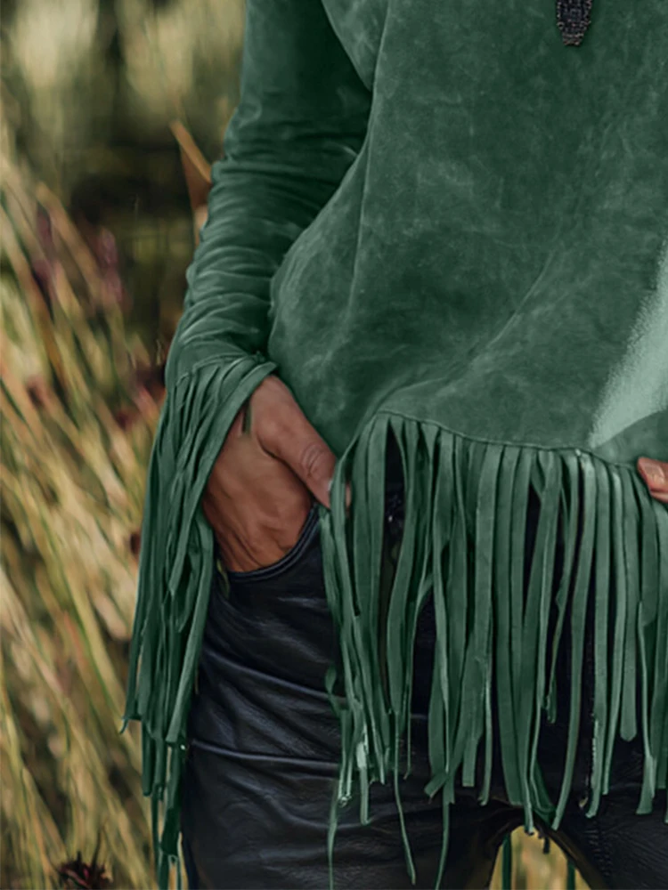 Dames coltrui met kwastjes zoom T-shirt met lange mouwen effen suède vintage casual retro chic boho herfst tee tops