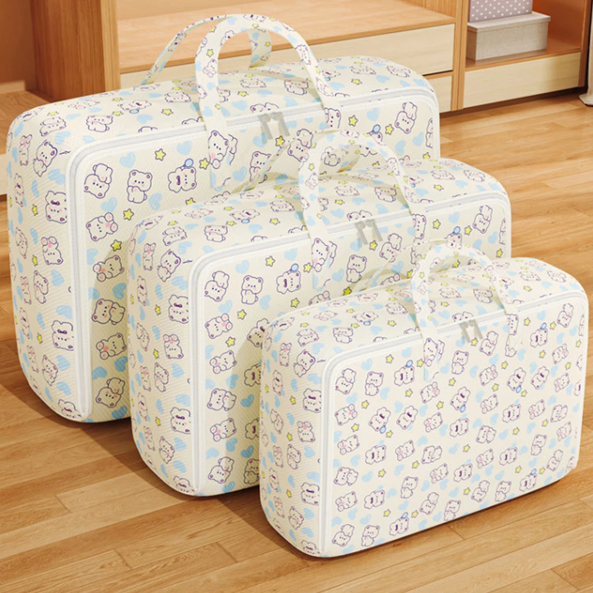 Foldable Quilt Storage Bag Large Capacity Cartoon Pattern Clothes Storage Bins Handle Dust-Proof Clothing Storage Bag