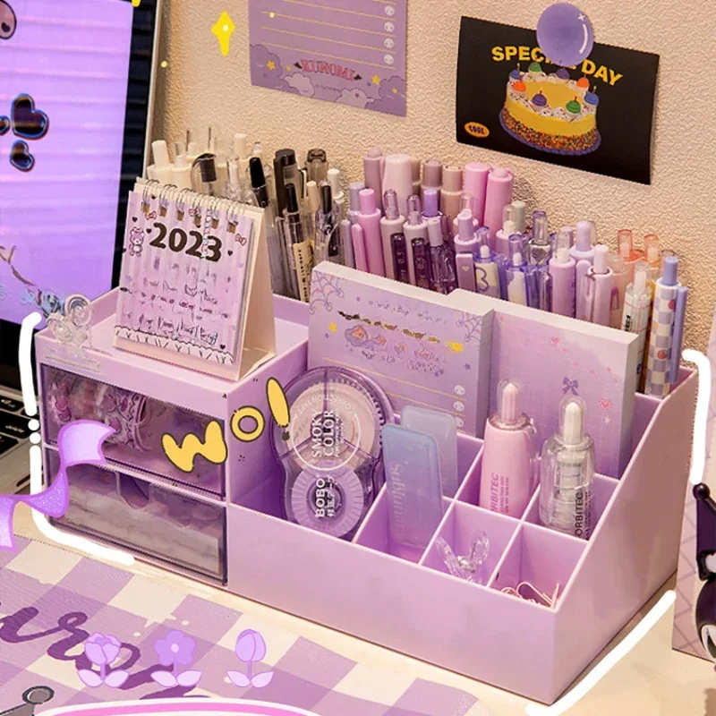 New Cute Pen Desk Holder Storage Box Organizer Girl Drawer-type Desktop Student Stationery Handbook Nine Grids Storage Box