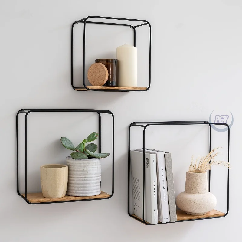 3 Pack Modern Bohemian Wall Shelves Metal Frame & Wood Veneer Shelving Unit Wall Decor Book Storage Shelf for Bathroom Bedroom