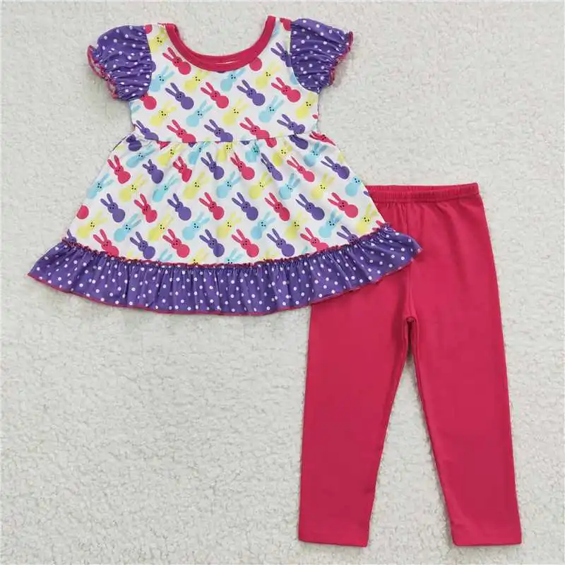 

Wholesale Girls Summer Short-Sleeved Suit Multi-Element Picture Carrot Bright Color Pants Design Ruffle