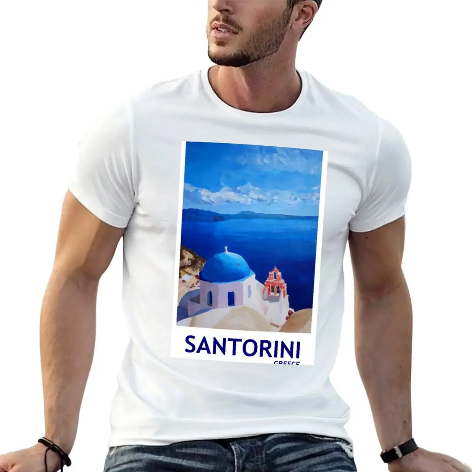 Santorini Greece retro poster T-Shirt summer tops anime stuff mens t shirt