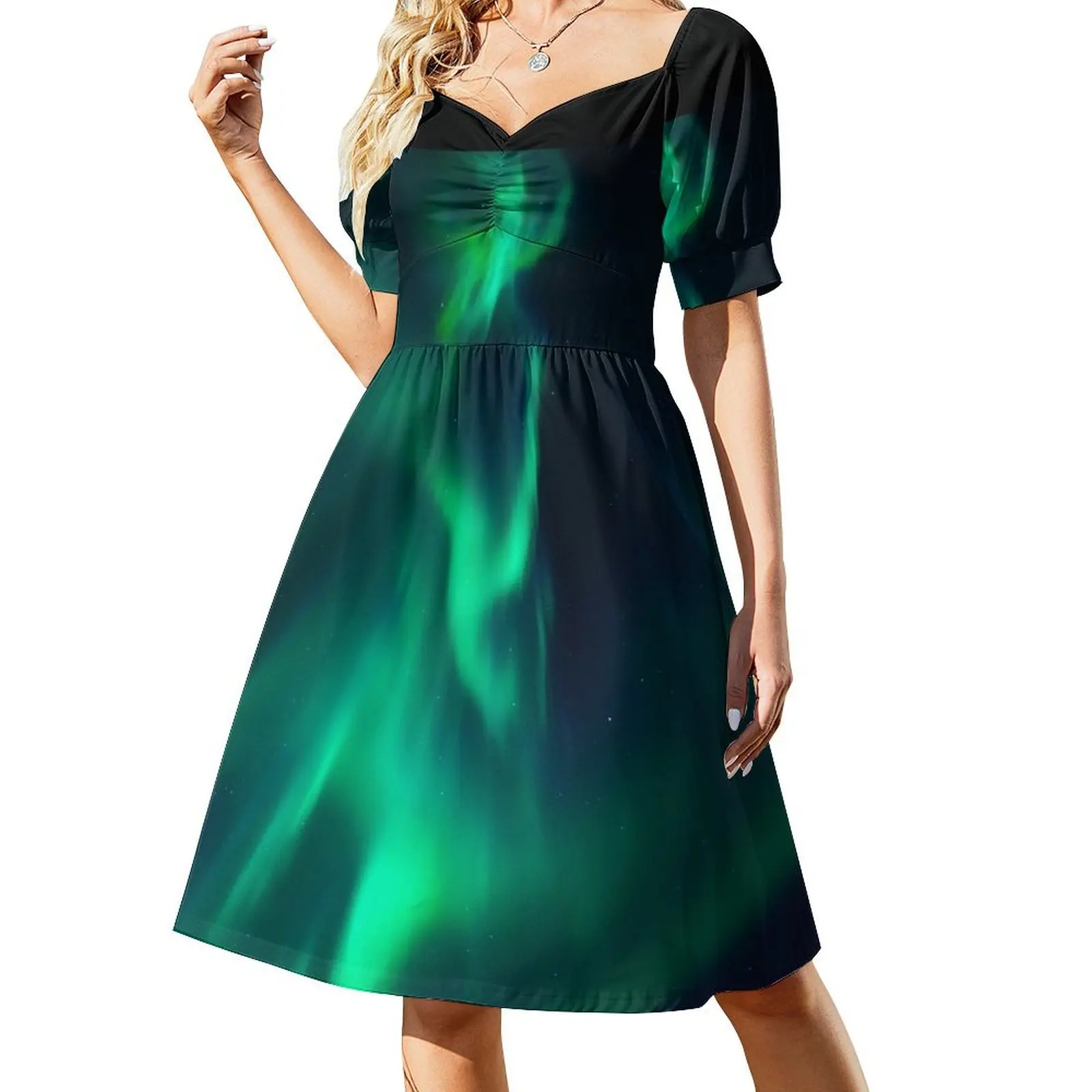 

Northern Lights, Aurora Borealis, Night Sky, Green, Alaska Short Sleeved Dress Dresses gala Dress