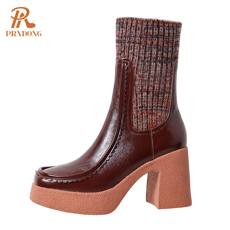 PRXDONG New Brand Genuine Leather Women's Shoes Chunky High Heels Platform Black Brown Dress Party Casaul Female Ankle Boots us9