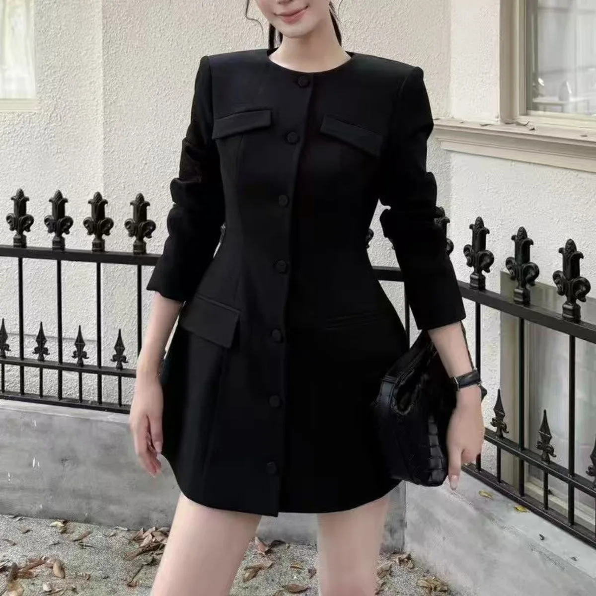 BJTZ O-hals Effen Kleur Single Breasted Blazer Jurken Voor Vrouw 2025, Lente Herfst Nieuwe A-lijn Taille Kantoor Dame Vrouwelijke Jas