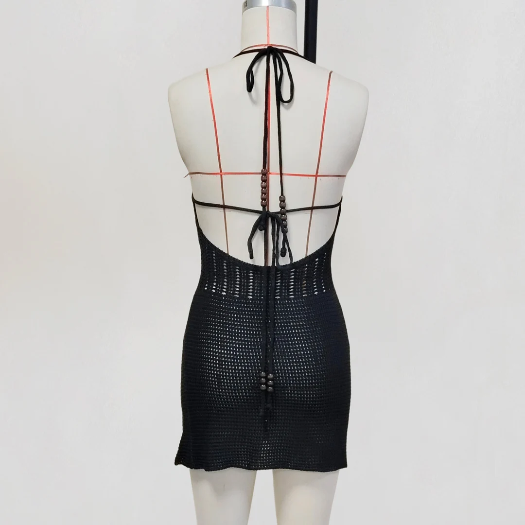 Schlankes, figurbetontes, gehäkeltes, gestricktes Strandkleid für Damen, Neckholder-Minikleid, Sommerkleid mit Ausschnitten, V-Ausschnitt, rückenfrei, sexy Partykleid V6210 – Detail 37