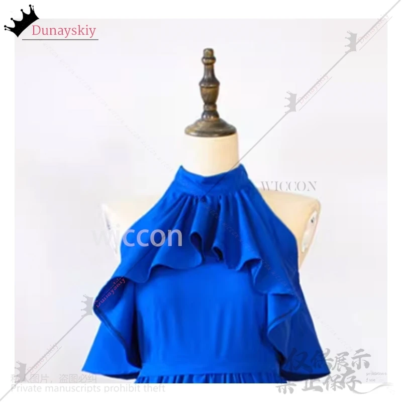 애니메이션 탐정 코스프레 Rachel Ran Moore Mouri 30 번째 의상 네이비 블루 라인 홀터 드레스 민소매 로리타 이브닝 드레스 가발