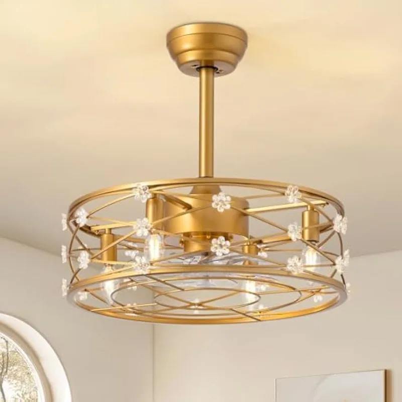 

20 inch Caged Ceiling Fan with Light, Gold Flower Chandelier Ceiling Fan with Light Remote Control, Modern Fan Lights Ce