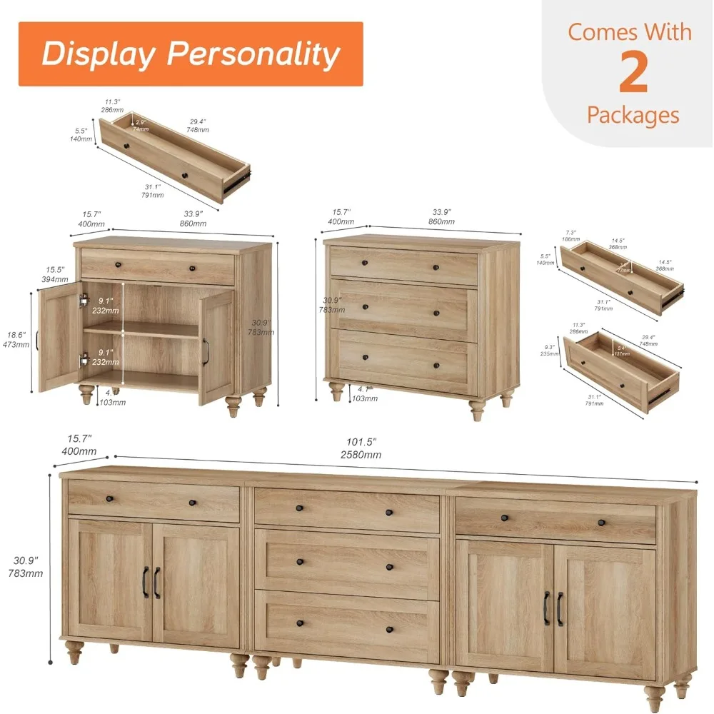 خزانة جانبية من الخشب الحبيبي العتيق مع 5 أدراج و4 أبواب، بوفيه تخزين مع قهوة لغرفة الطعام