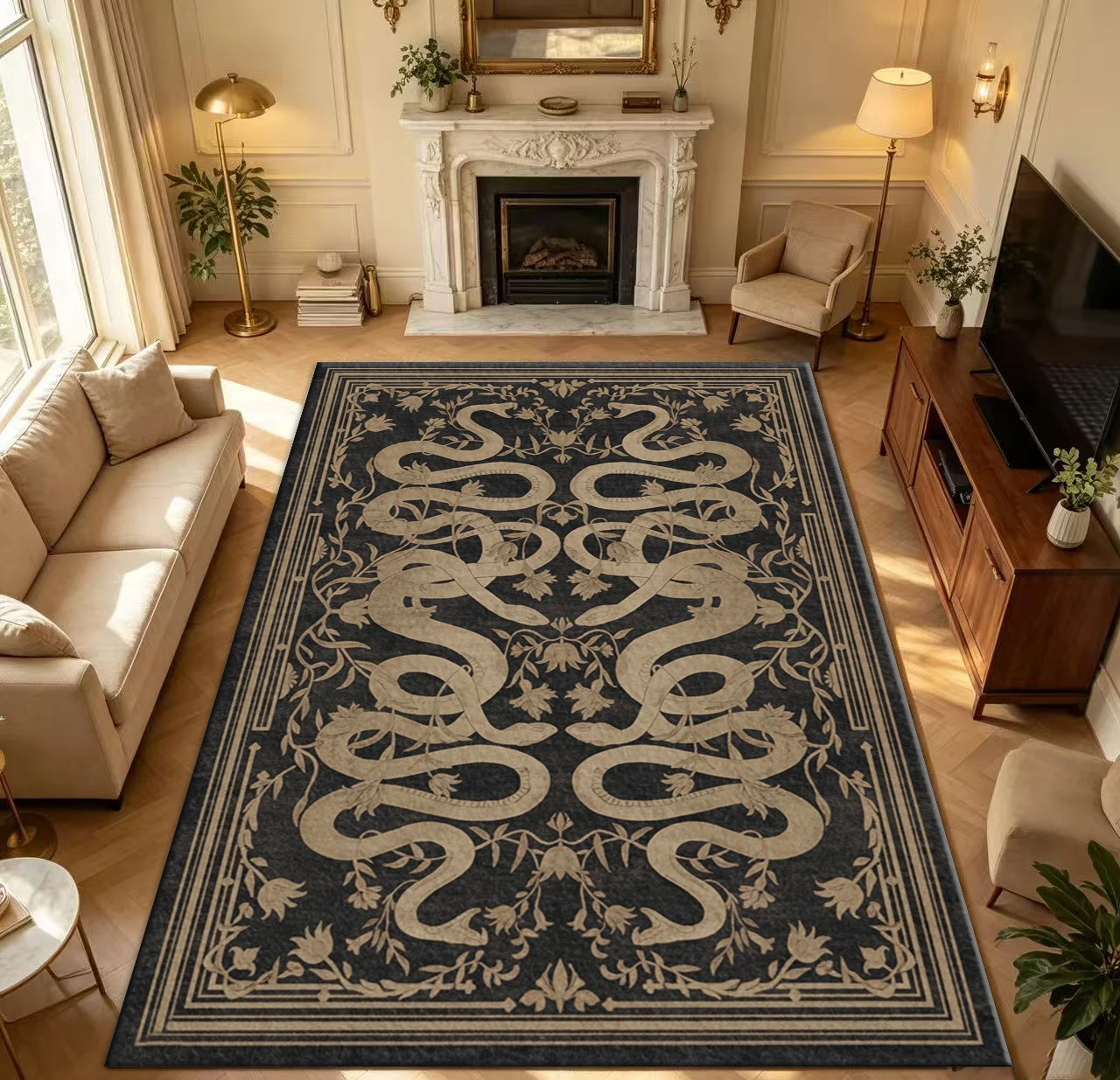 Vintage Gothic Black Snake Floral Pattern Area Rug Medieval Serpent Botanical Carpet Non Slip Washable Floor Mat Bedroom Living Room Home Decor