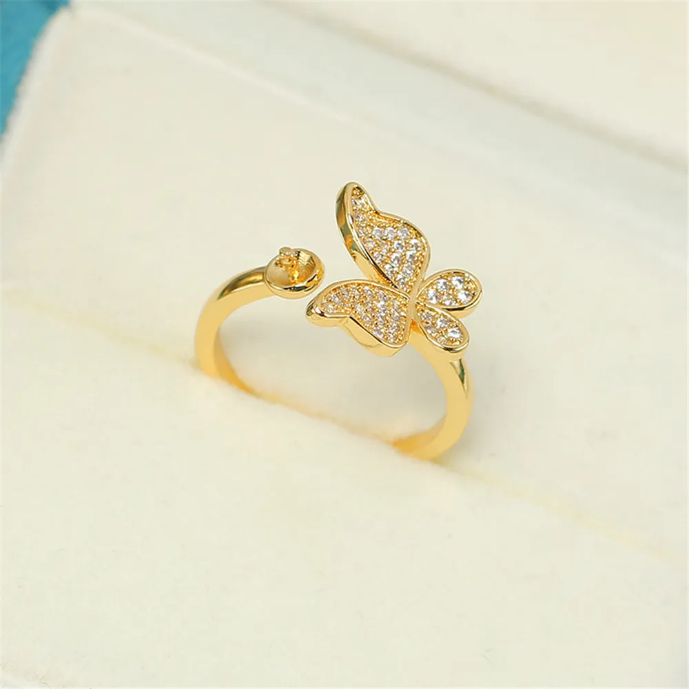 Domestic 14k Gold Injection Plating Butterfly Inlaid Zircon Pearl Ring Opening Adjustable DIY Accessories Women