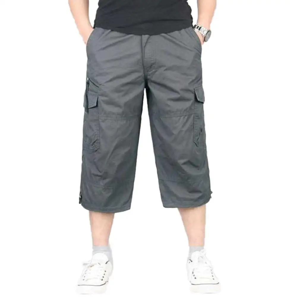 

Summer Men's Casual Cotton Cargo Shorts Overalls Long Length Multi Pocket Hot Breeches Pants Male Cropped Pants Outdoor