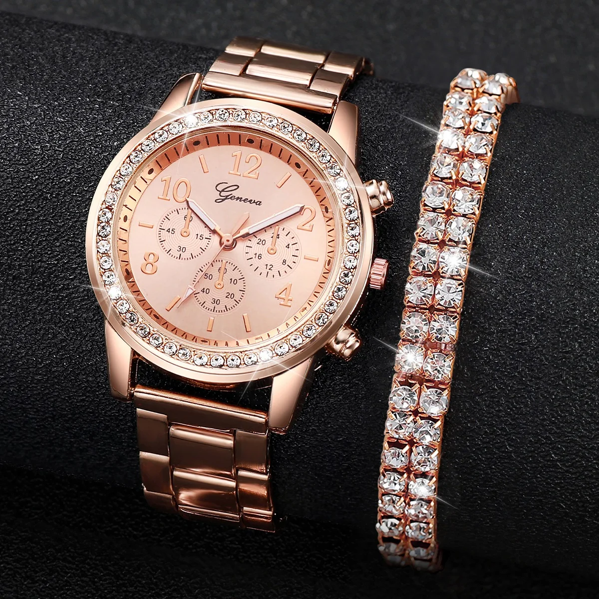 Relógios de pulso de quartzo com strass para mulheres, pulseira de aço dourado, pulseira de diamante sem caixa, fashion, 2PCs
