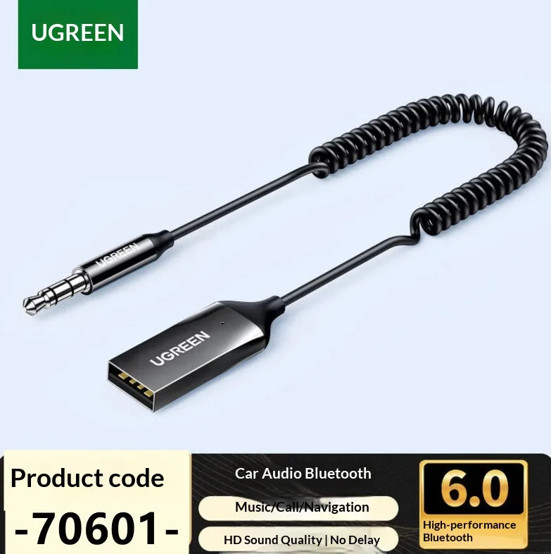 UGREEN CM309 70601 Bluetooth 6.0 Car Audio Receiver 3.5mm AUX Adapter with 1.5m Retractable Cable