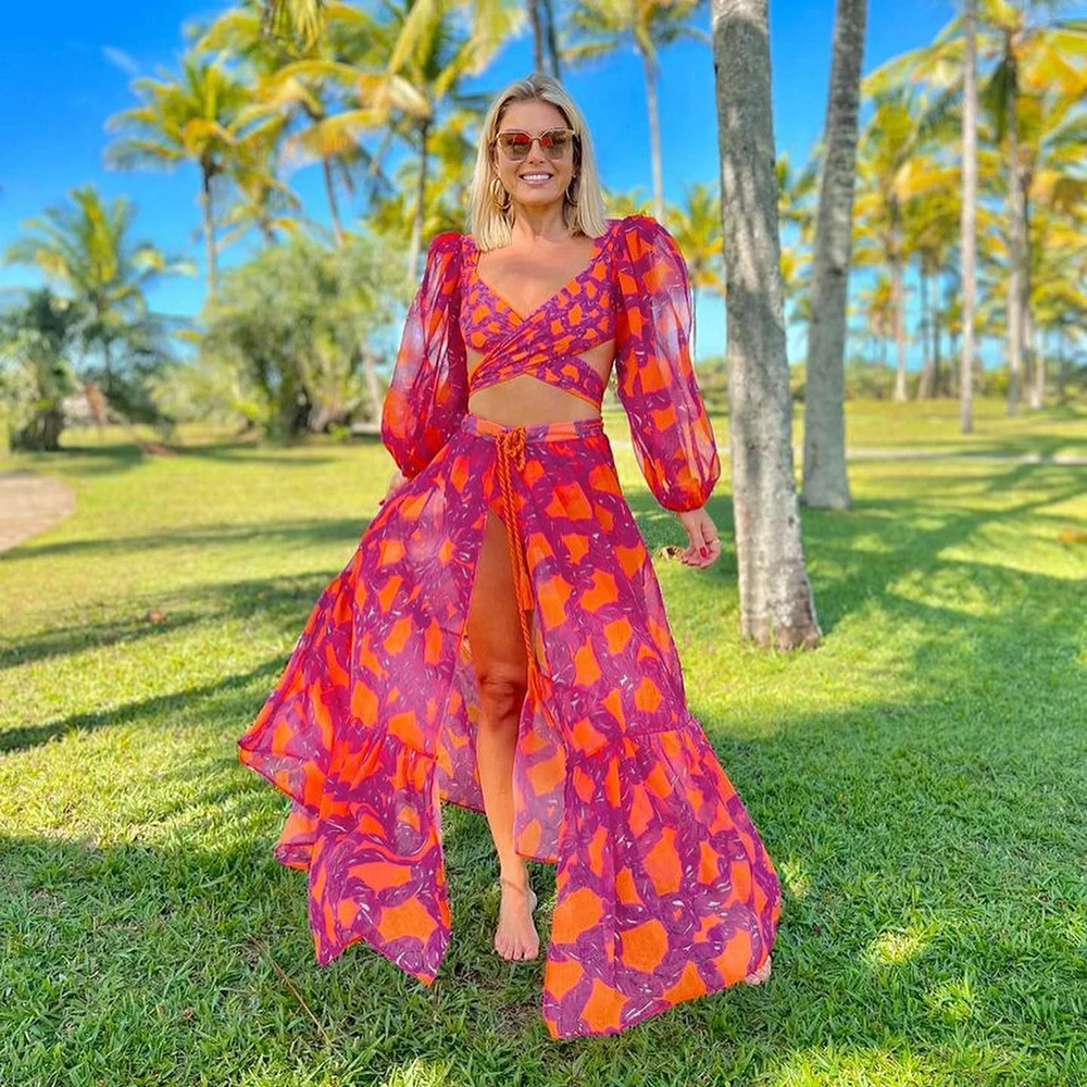 2025 nova sexy roupa de banho feminina maiô puff manga maiô beachwear impressão biquini feminino cintura alta conjunto biquíni beachwear