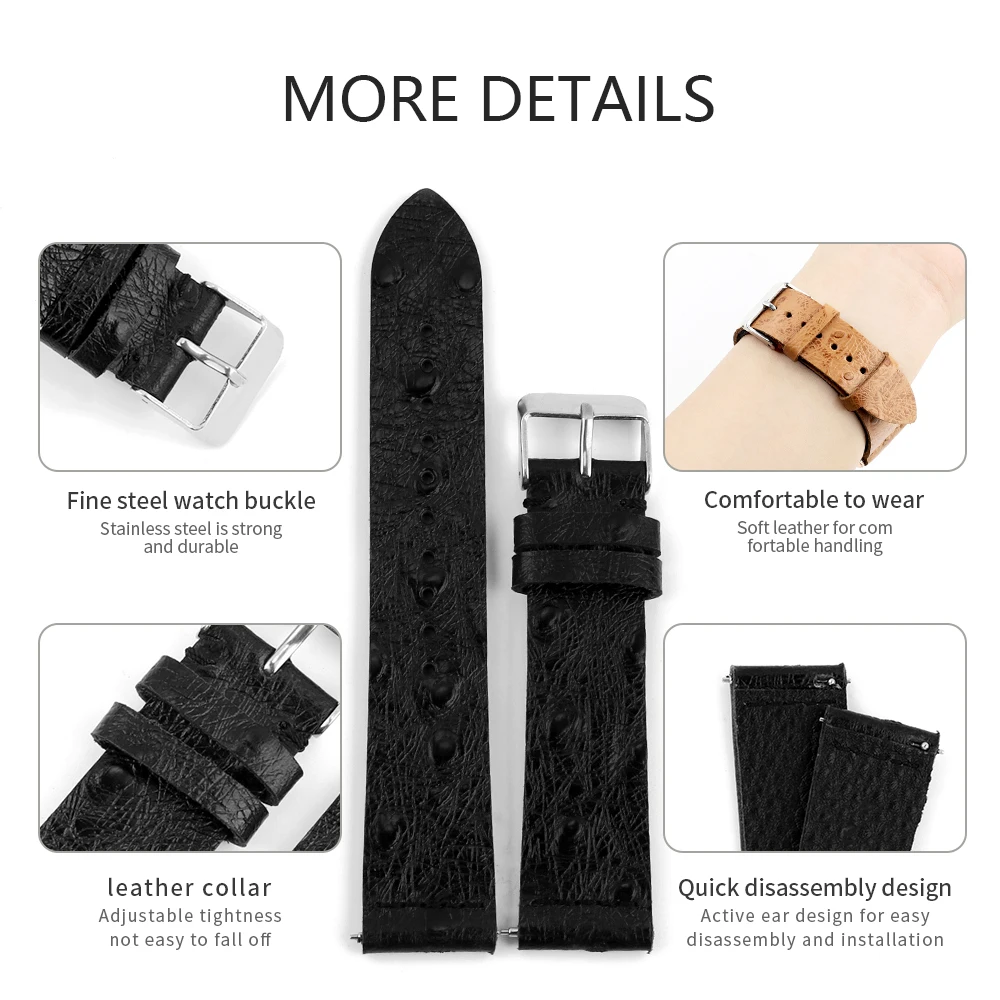 Vintage Leather Watchband 16mm 17mm 18mm 19mm 20mm 21mm 22mm Ostrich Pattern Quick Release Watch Strap Bracelets Accessories