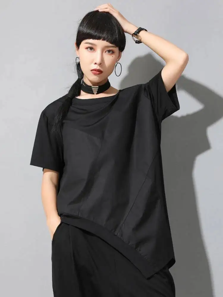 

Women Black Irregular Hem Spliced Big Size T-shirt New Round Neck Short Sleeve Fashion Tide Spring Summer