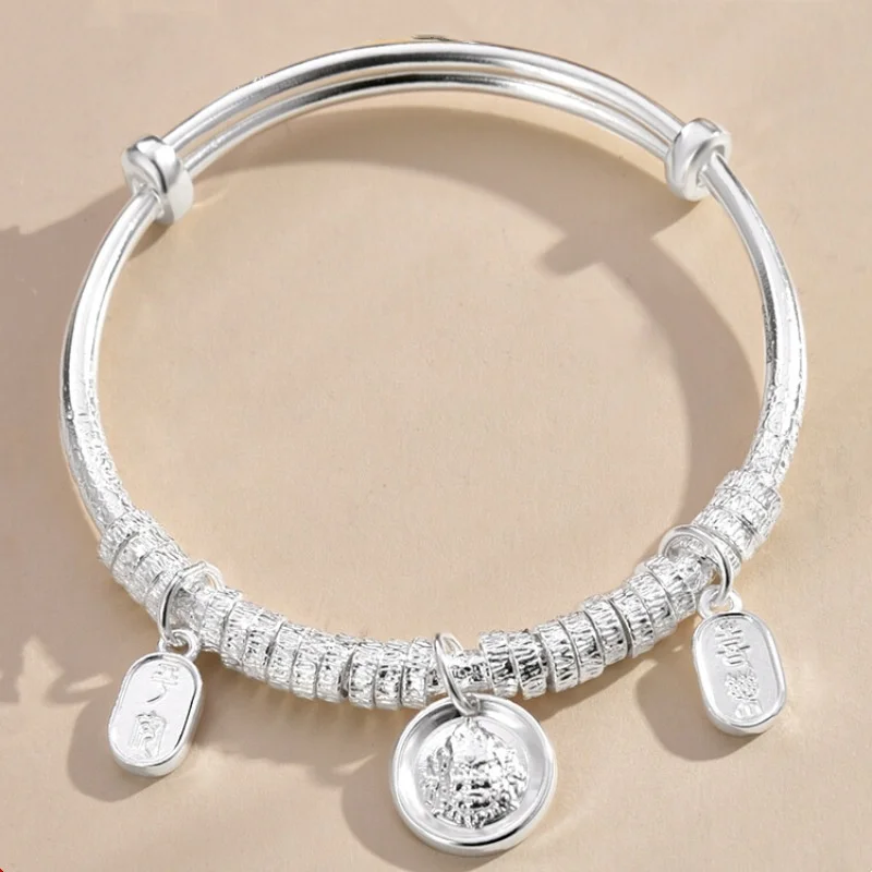 Chinese Retro S999 Sterling Silver Bangle Adjustable Size Hammered Tube Bracelet With Happiness Tag Lucky Amulet Silver Jewelr