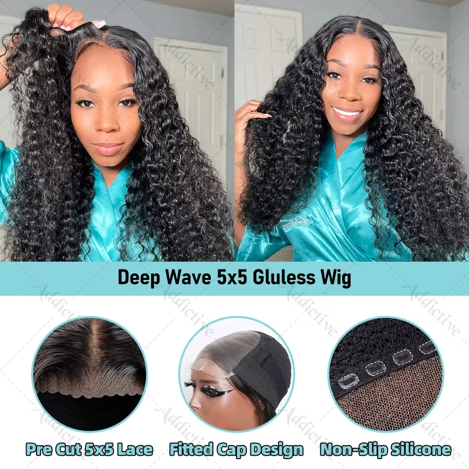 Perruque Lace Front Wig Deep Wave Brésilienne Naturelle, Cheveux Humains, Sans Colle, 13x6, 30 34 Pouces, pour Femme