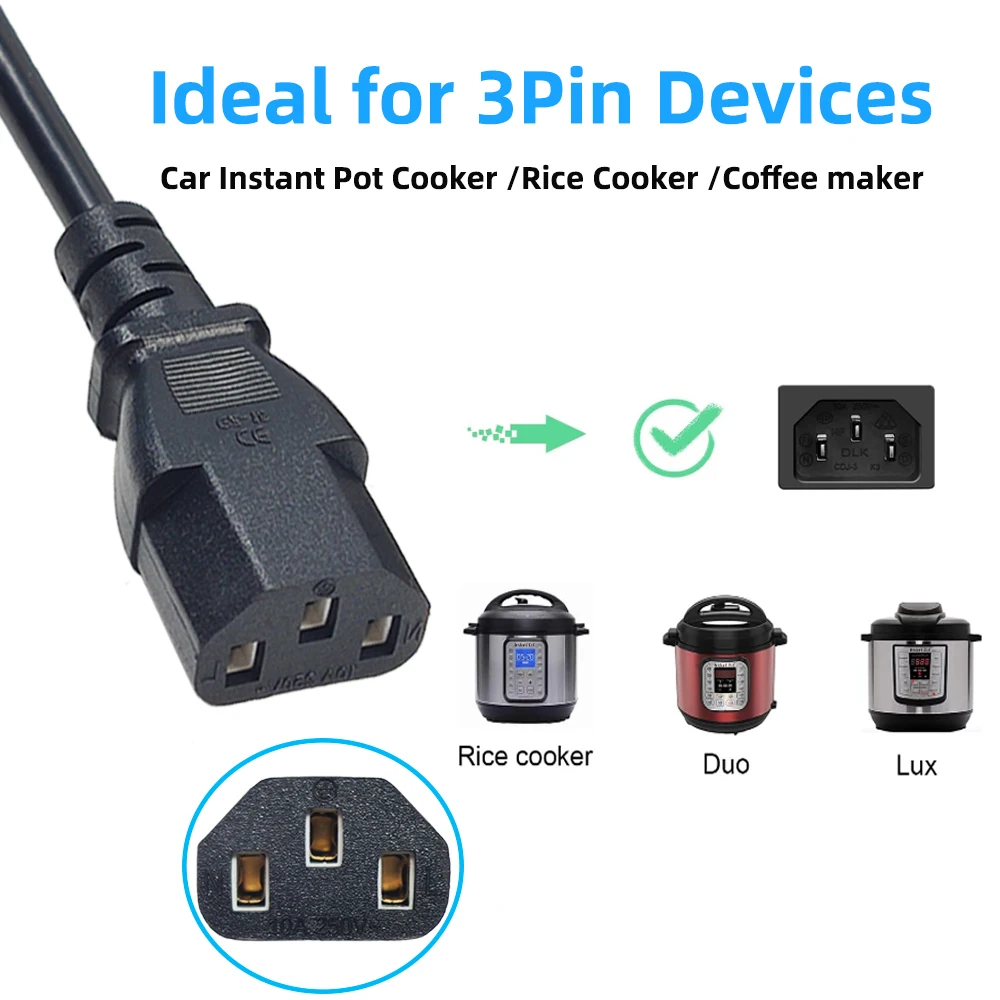 Universal Power Cable 3 Pin Plug with Cigarete Ligthe Male Plug for Car Instant Pot Electric Pressure Cookers Rice Cookers