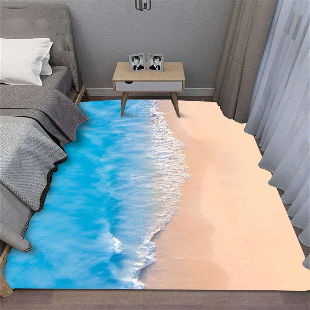 Newest Realistic Crystal Velvet Carpet Summer Waves Beach Shell Rug for Living Room Sofa Bedroom Kitchen Hallway Decor