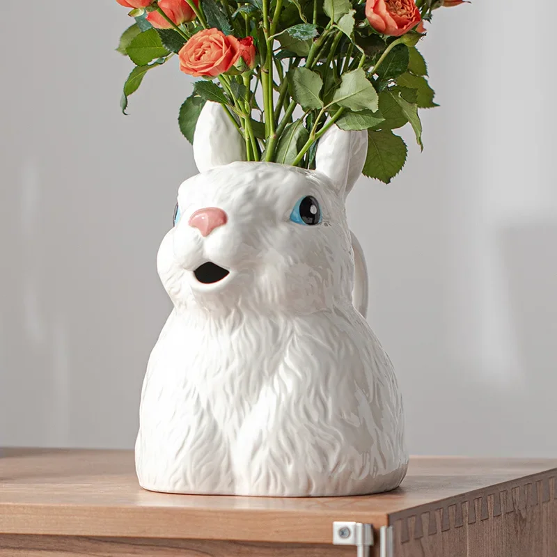 Ceramic Vase Cute Rabbit Watering Pot Hydroponic Flower Planter Living Room Desktop Vases for Flowers Ceramics Home Decoration
