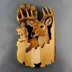 New Animal Carving Wood Handcraft Wall Hanging Living Room Decoration Home Accessories Sculpture Raccoon Bear Deer Hand Painted